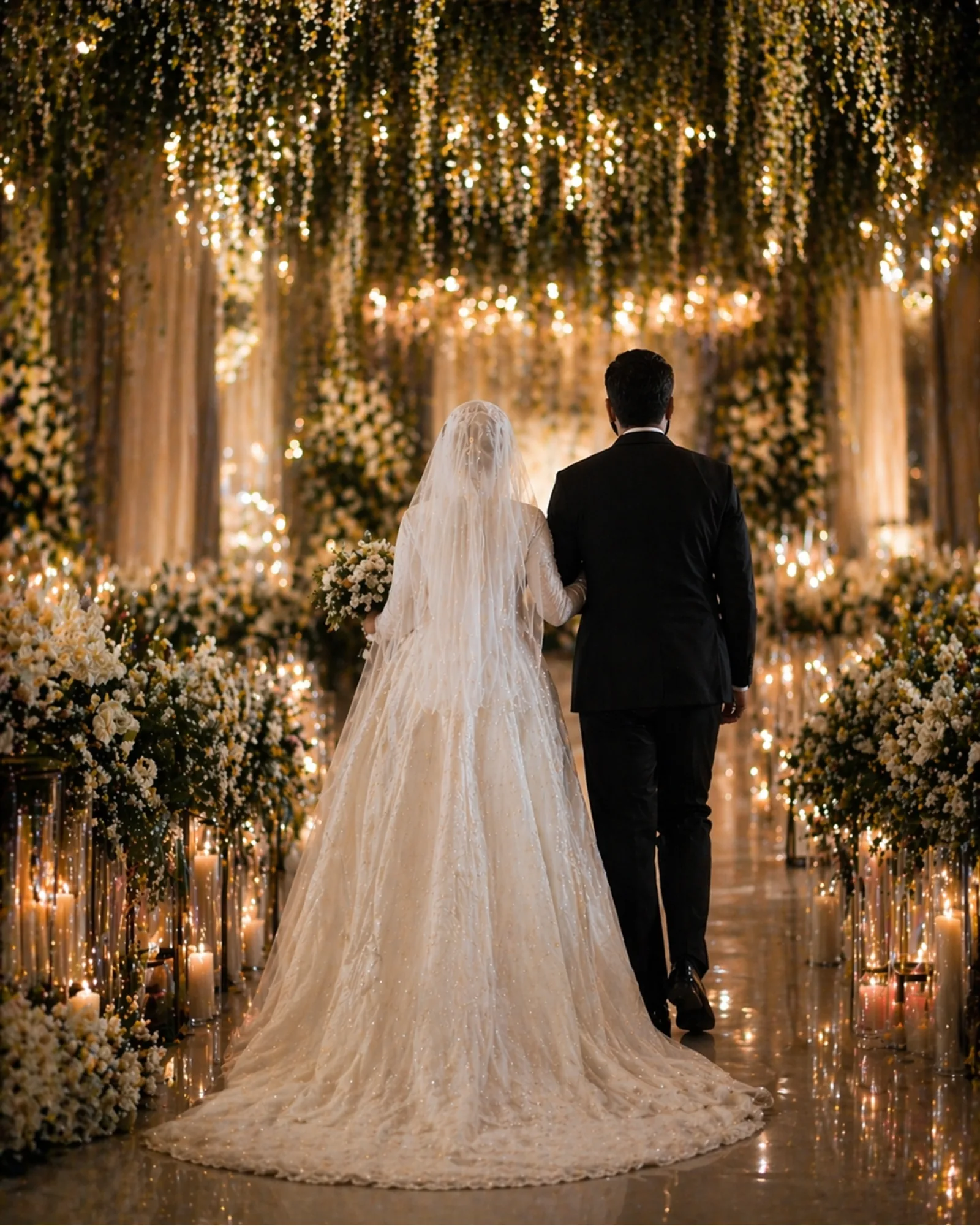 Newlyweds walking through their wedding venue