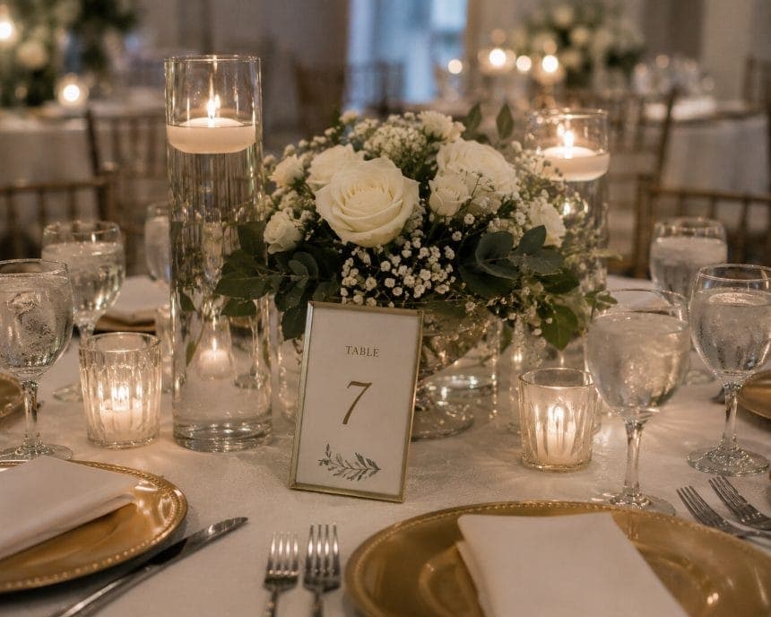 Wedding guests sharing candid photographs around a reception table