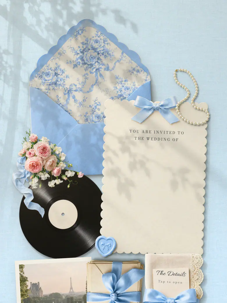 The Coquette invitation in powder blue: a blue toile envelope, satin bows, pearls, blush roses and a scalloped card