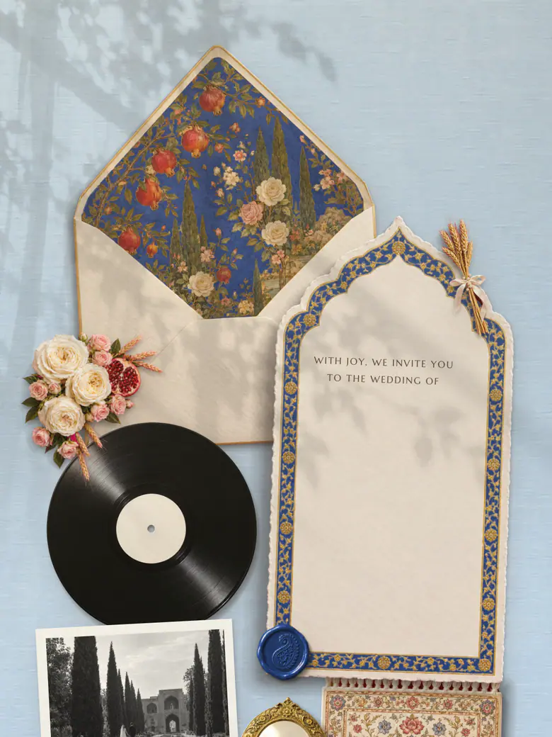 The Sofreh invitation in lapis and gold: a lapis floral envelope liner, white roses and an arched card with a painted border on pale blue silk