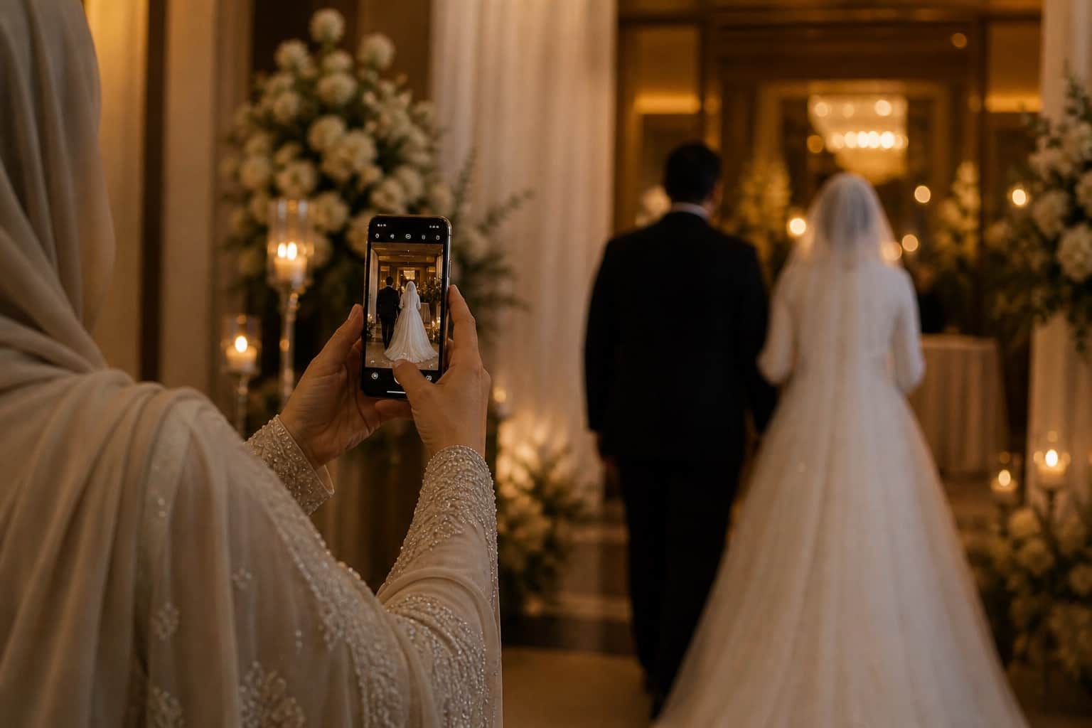 A wedding guest photographing the newlyweds from behind