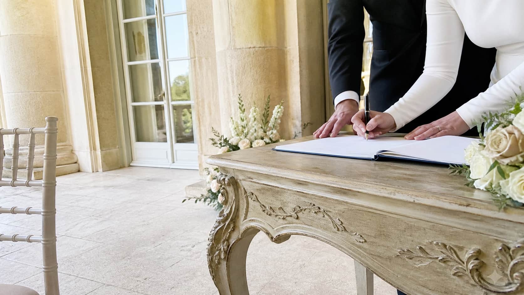 A couple signing their marriage register at a limestone manor wedding