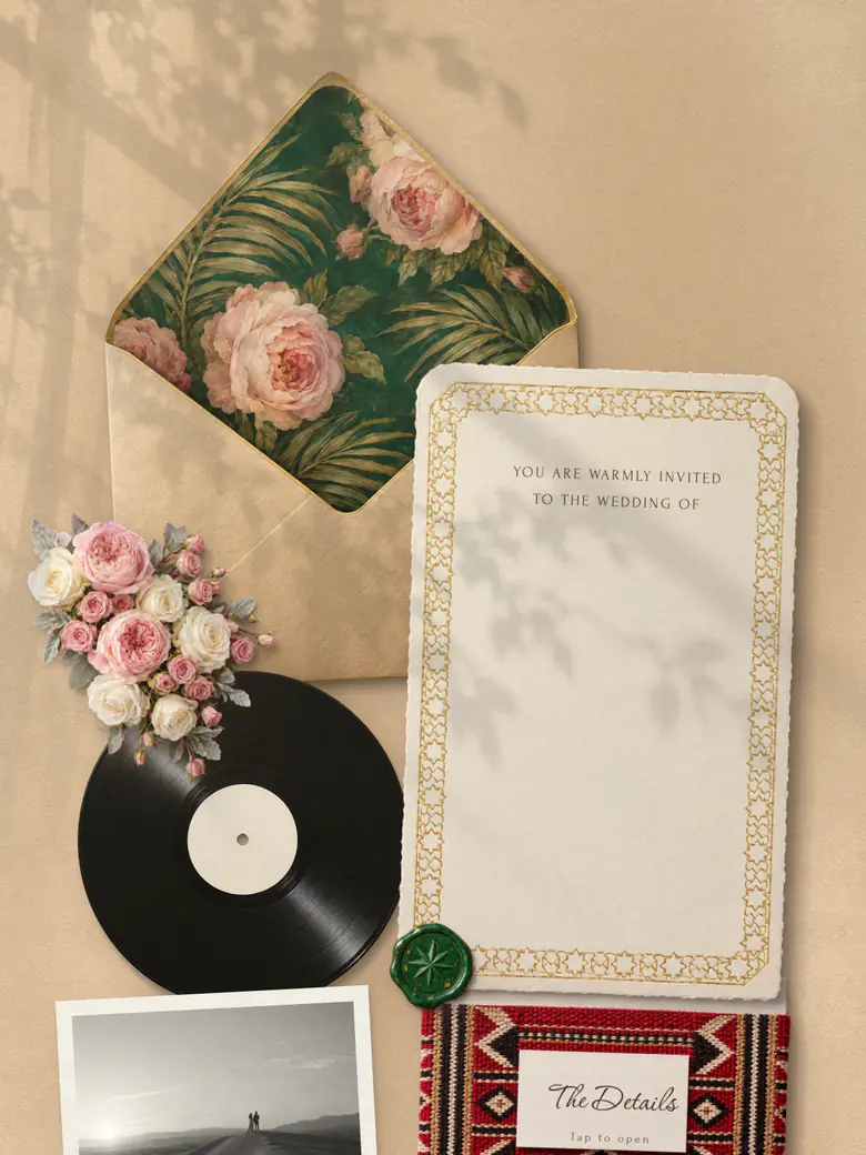 The Majlis — Champagne & Emerald invitation
