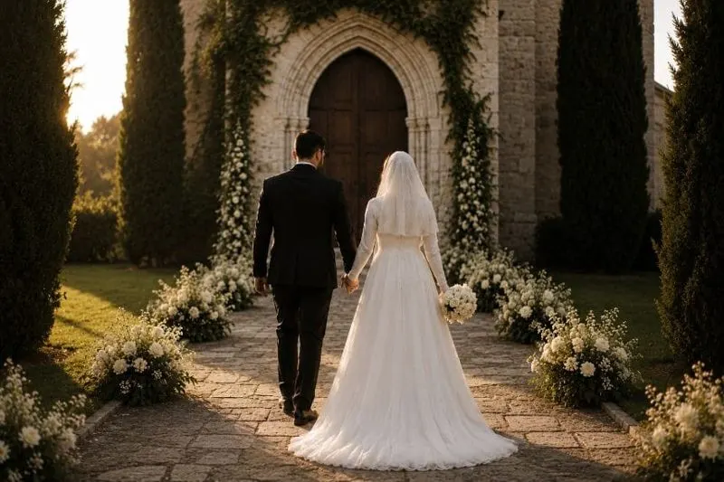 Wedding couple outside a flower-lined chapel