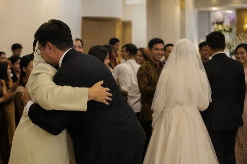 A wedding guest hugging the couple