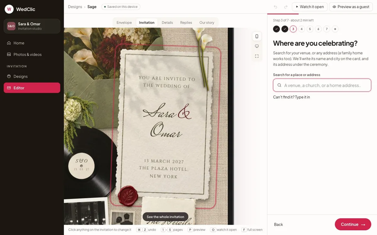 The WedClic invitation studio with Sara and Omar’s names and wedding date on the Keepsake Table design