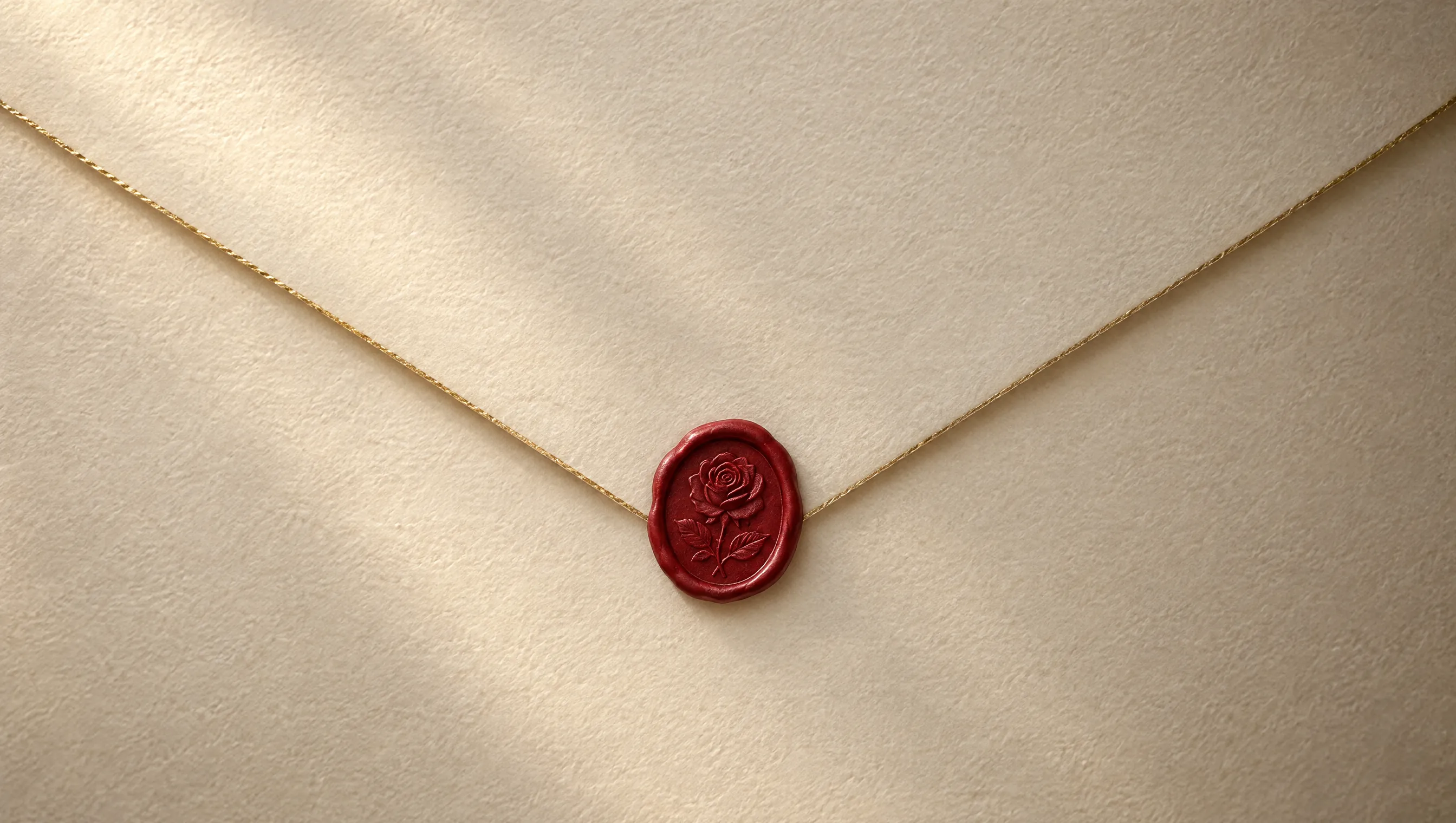 The back of a warm ivory envelope with a fine gold line along its flap, sealed with ruby-red wax