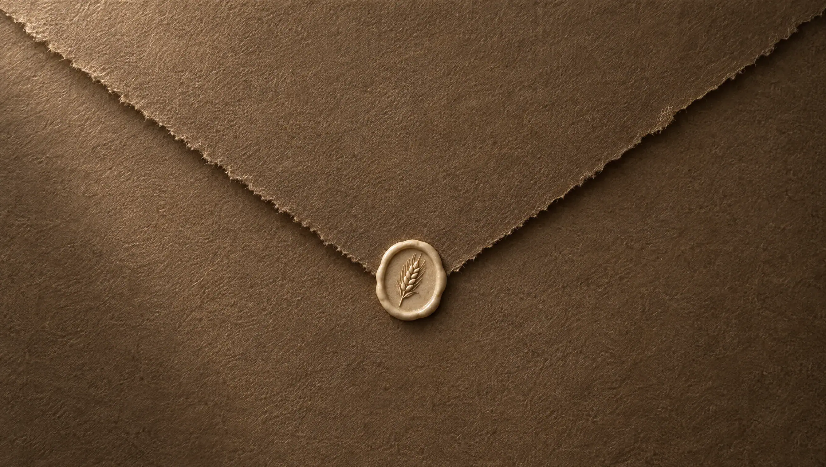 The back of a mocha-brown envelope with a deckled flap, sealed with cream wax