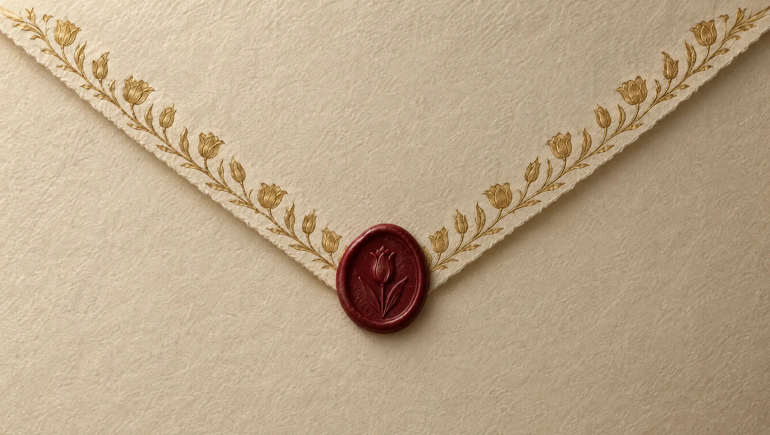 The back of a warm ivory envelope with a gold tulip border along its flap, sealed with crimson wax