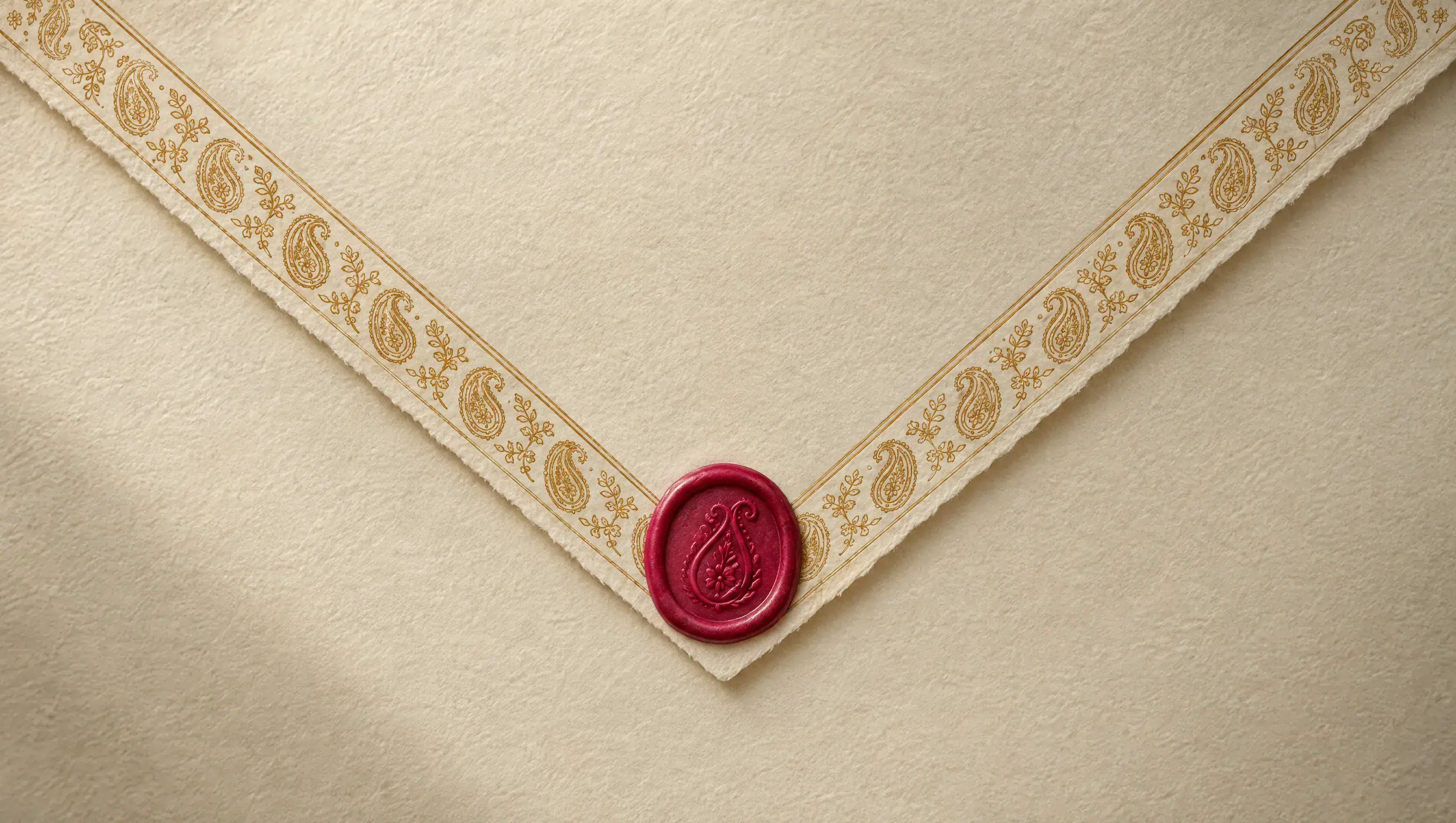 The back of a warm ivory envelope with a gold paisley border along its flap, sealed with fuchsia-red wax