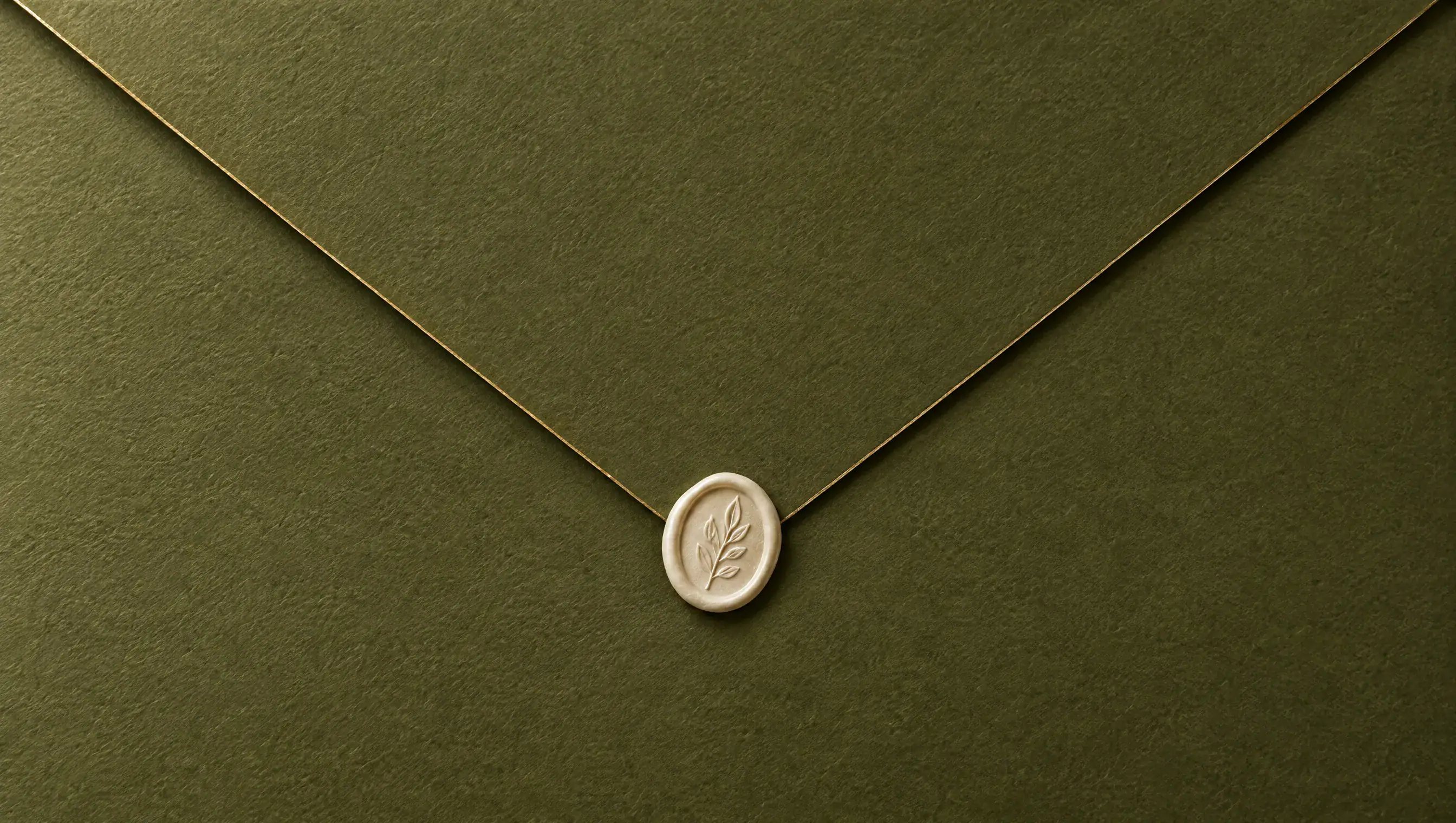 The back of an olive envelope, sealed with ivory wax