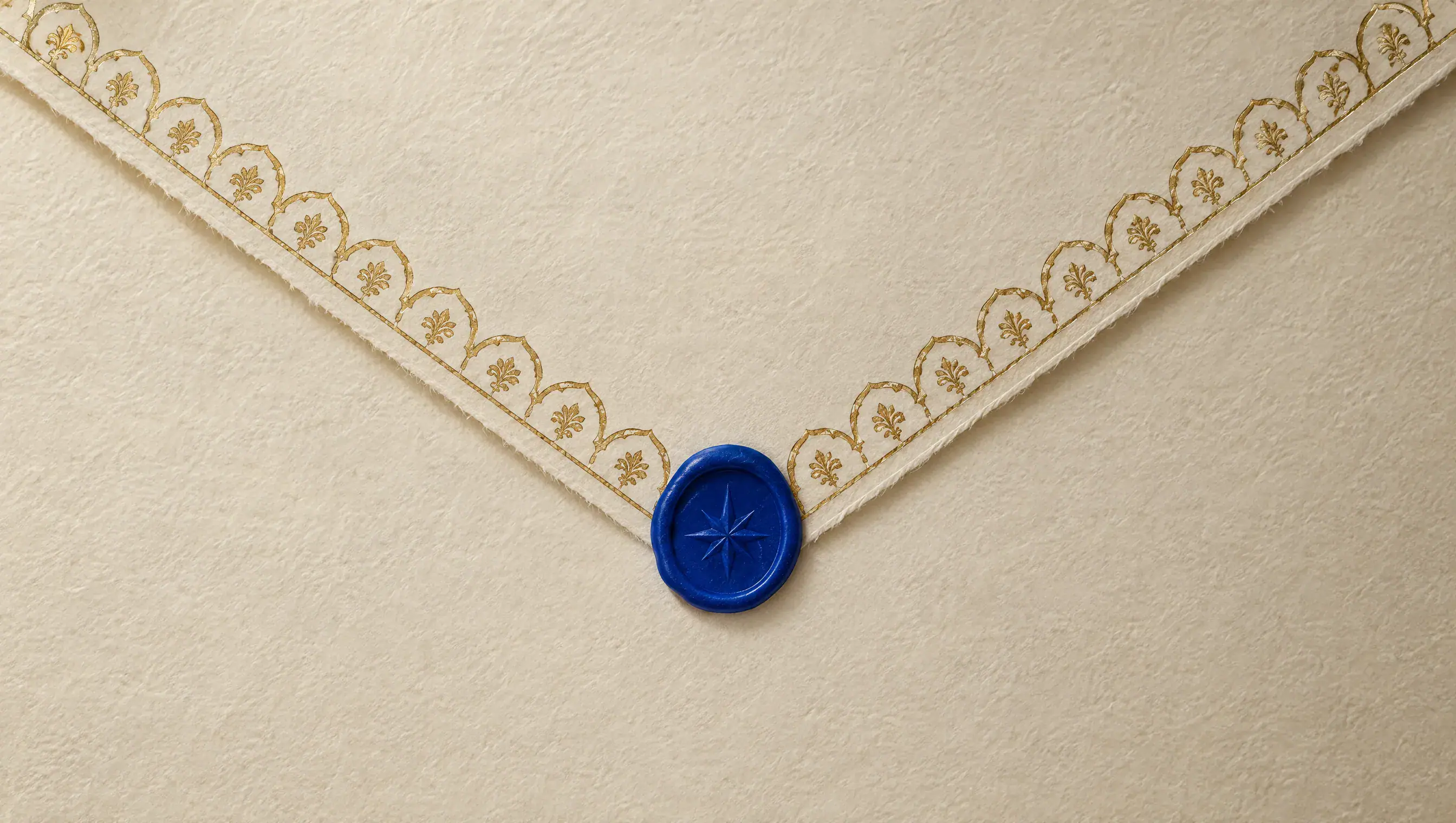 The back of a warm ivory envelope with a gold Moorish arch border along its flap, sealed with Majorelle-blue wax