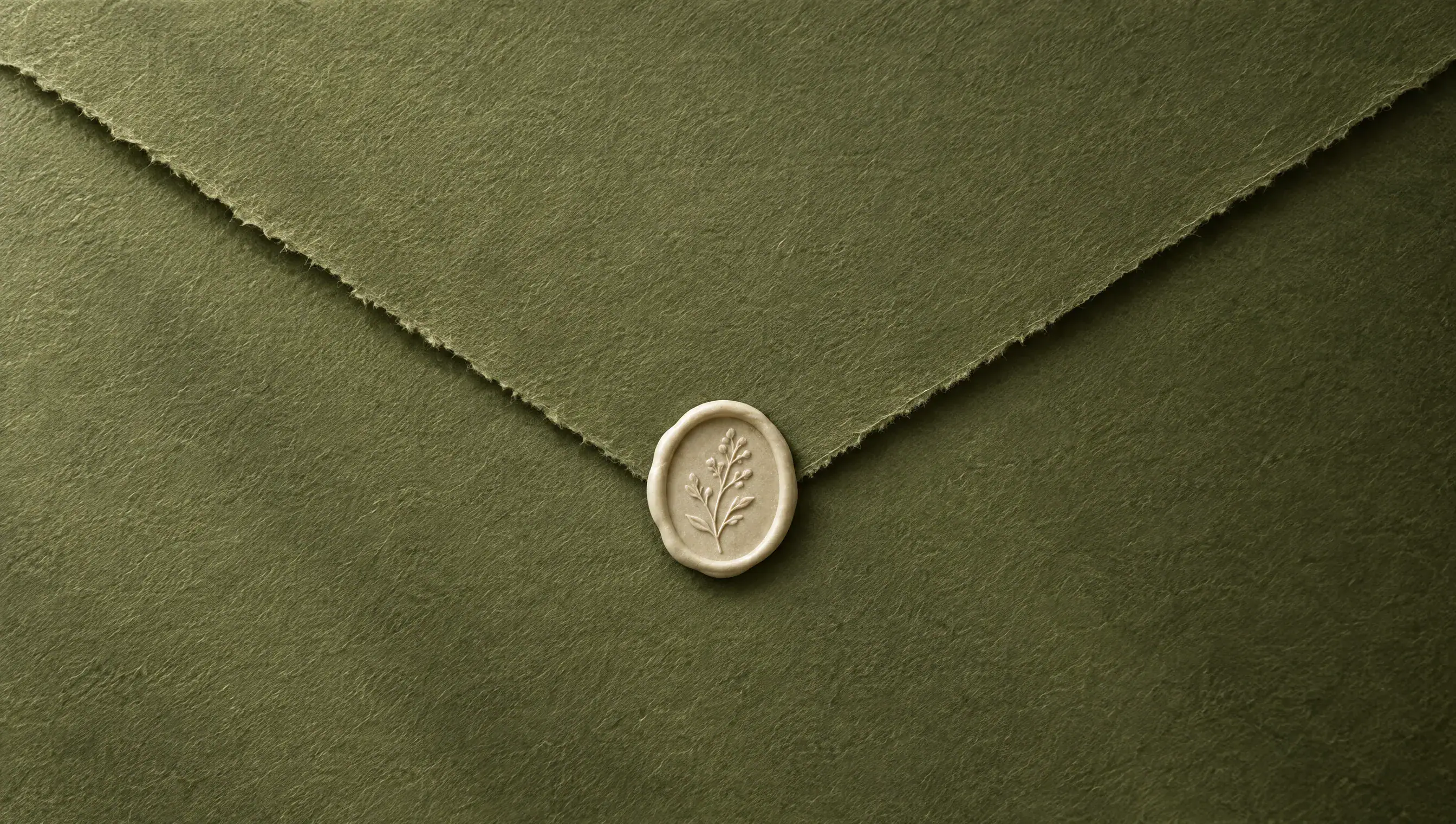 The back of a deep sage-green envelope with a deckled flap, sealed with ivory wax