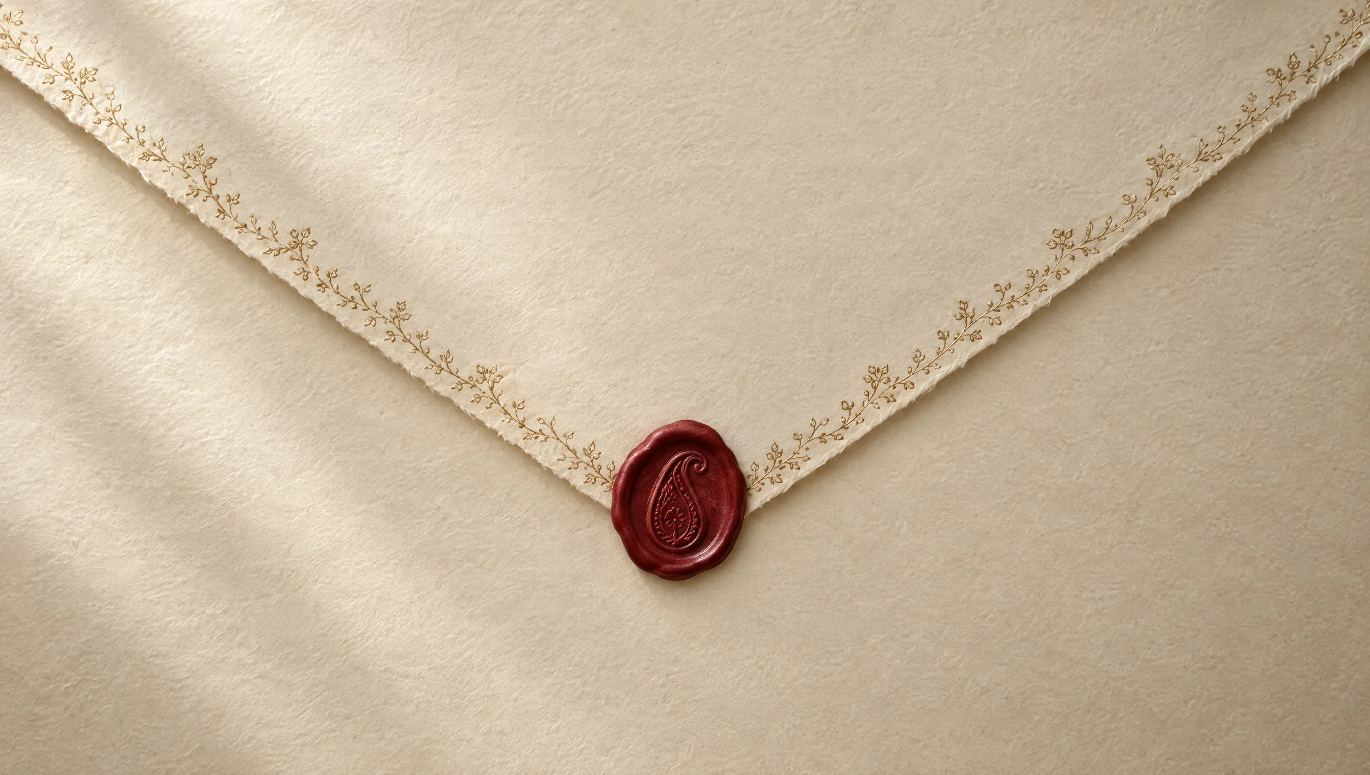The back of a warm ivory envelope with a gold filigree border along its flap, sealed with pomegranate-red wax
